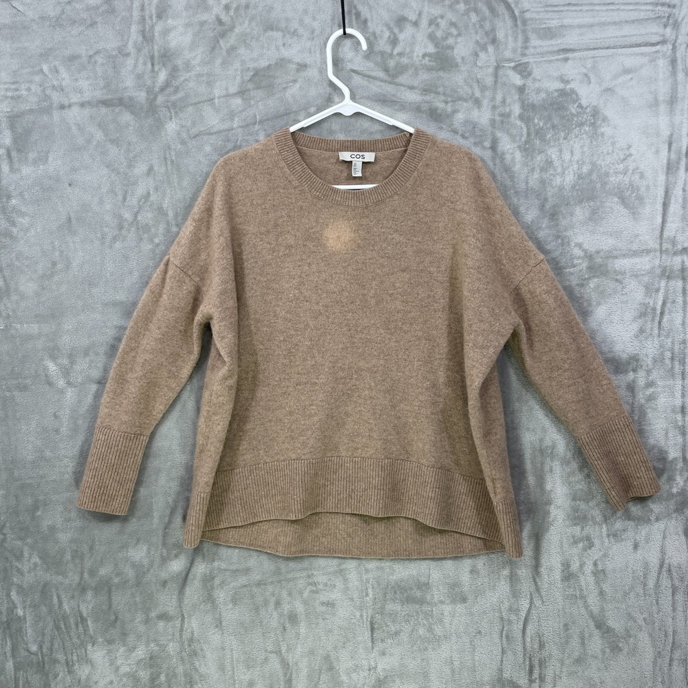COS 100% Cashmere Sweater Size M Tan Brown Crew Neck Boxy STAIN!